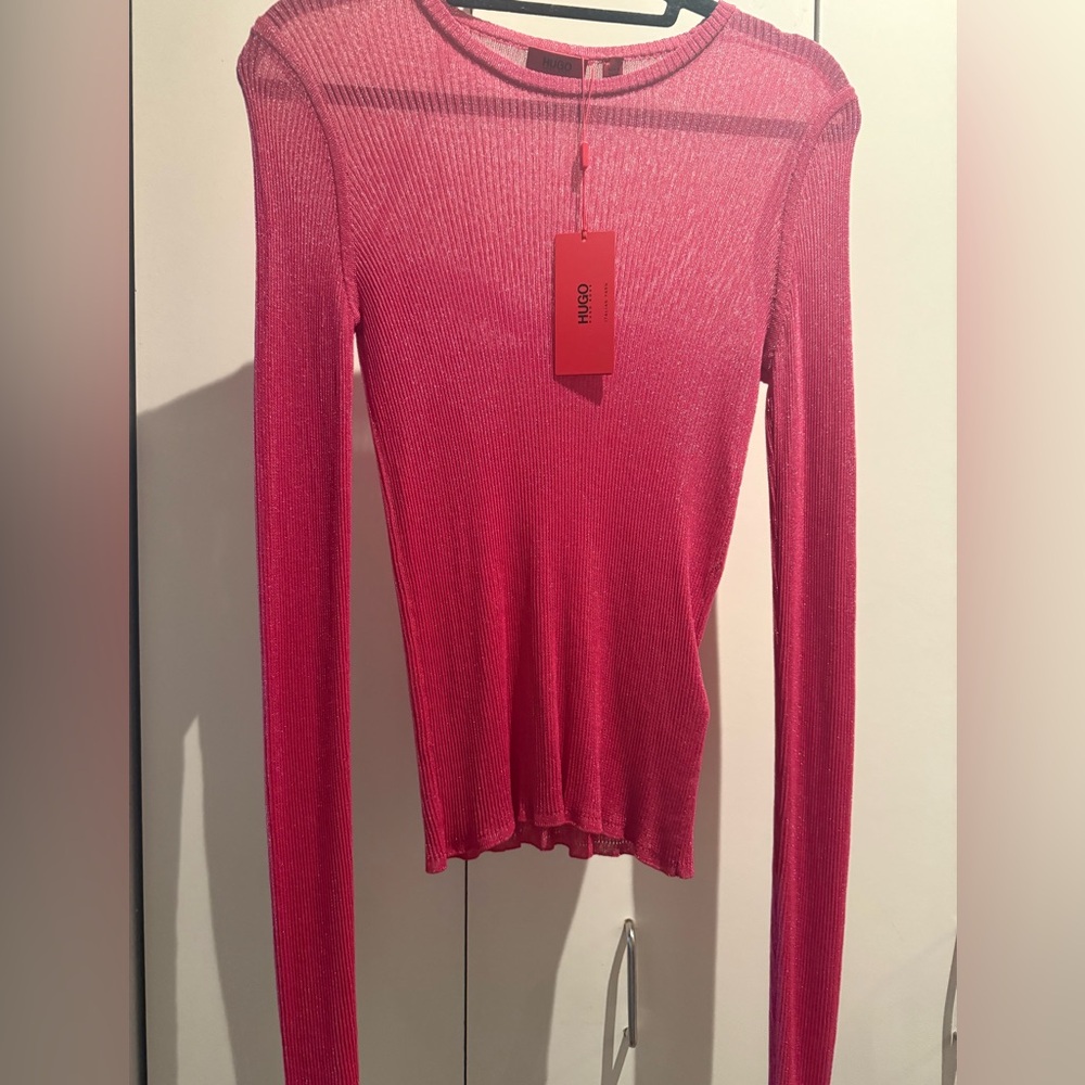 HUGO Ribbed Long-Sleeve Slim Top in Bright Pink
